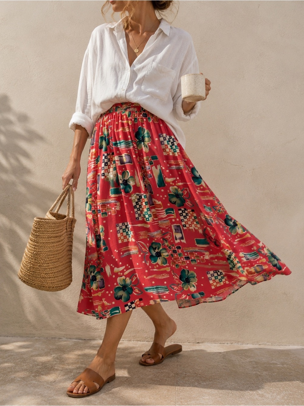Vintage Abstract Floral Midi Skirt Coral Teal Elastic Waist Art Print 80s/90s